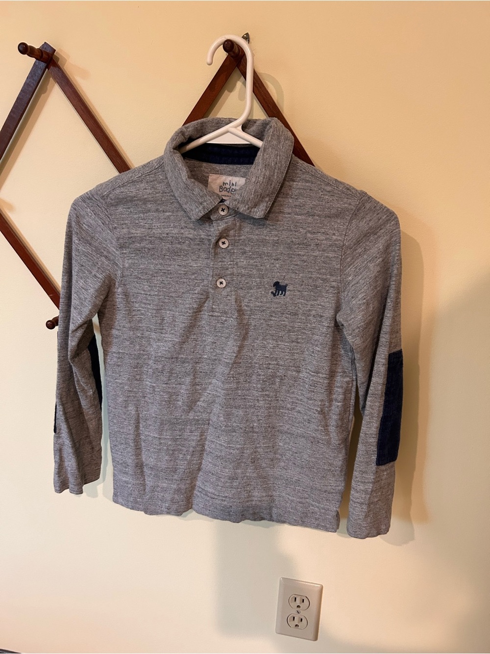 Mini Boden Heather Gray Long Sleeve Polo with Navy Elbow Patches